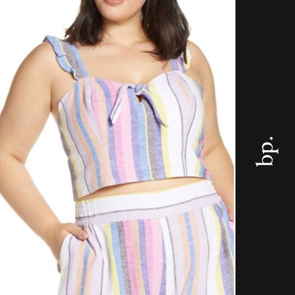 🏝️ Nordstrom BP Brass Plum Striped Sleeveless Smocked Cami Crop Top in Pink • 1X
